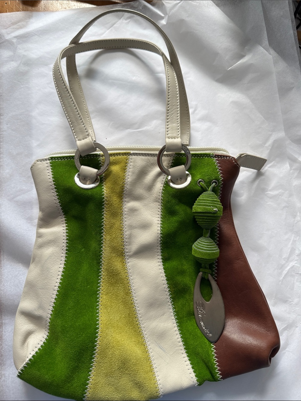 Green Multi-Stripe Suede & Leather Tote with Tassel Charm